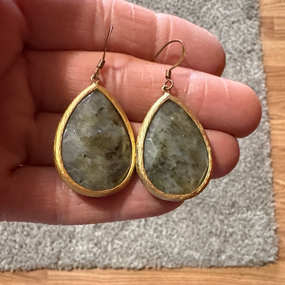 VINTAGE GOLD-PLATED OVER BRASS FACETED LABRADORITE TEARDROP HOOK 1.5" EARRINGS